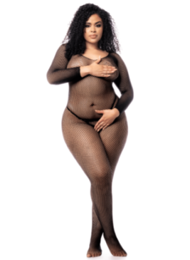 Combinaison grande taille manches longues en résille noire - MAL1102XBLK